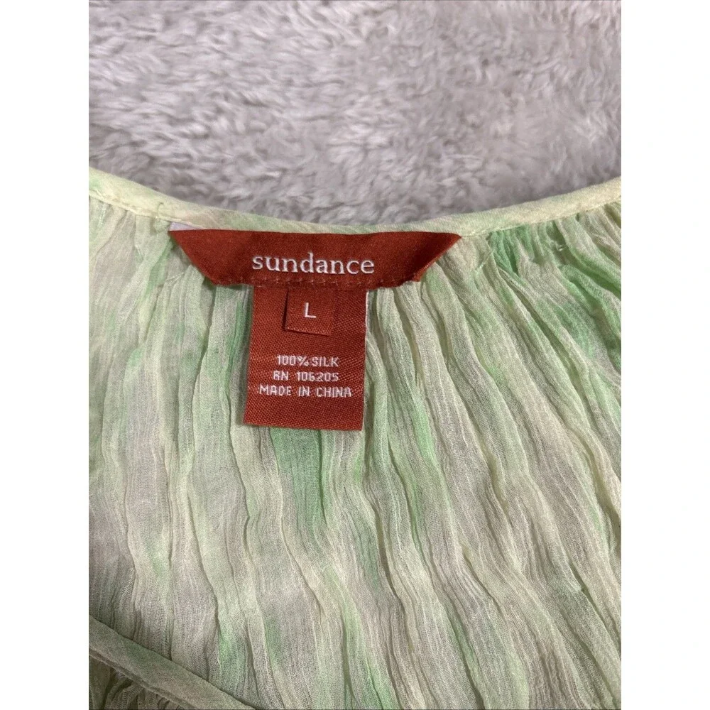 Sundance Green Silk Chiffon Smocked Ombre Sheer Boho Blouse Top Large Flowy - Picture 7 of 12
